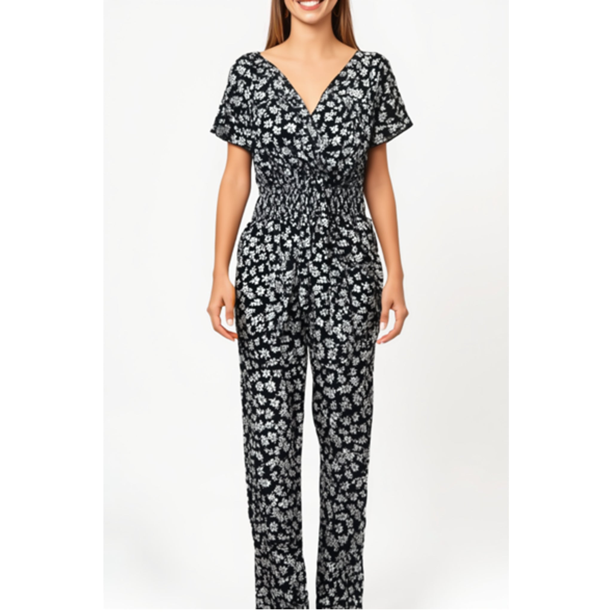 Women's floral print jumpsuit in black with short sleeves and shirred waist